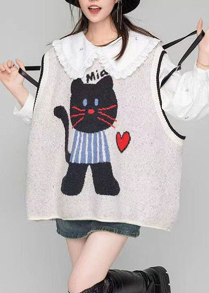Loose Light Grey O-neck Animal Cozy Cotton Knit Waistcoat Fall
