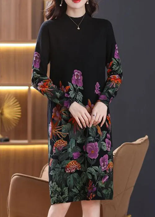 Black Turtleneck Print Wool Knit Dress Long Sleeve