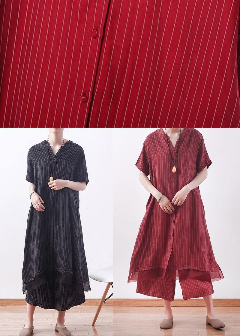 Stylish Black Striped Silk Button Summer Two Pieces Set