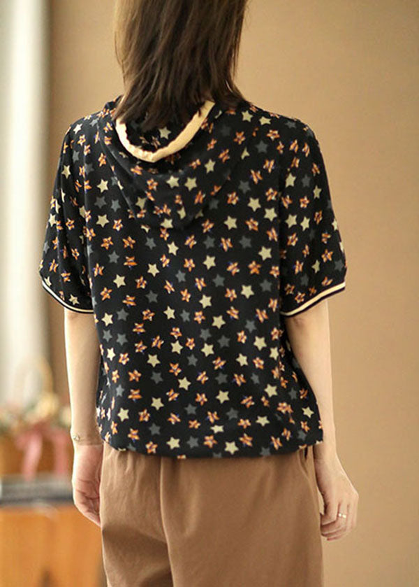 Black Drawstring Hooded Pentagram Print Silk Top Summer