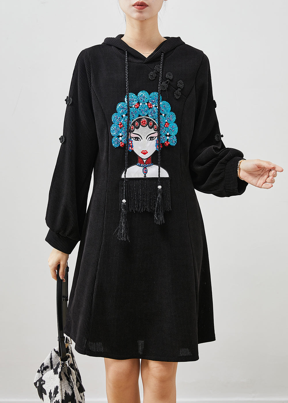 Black Embroideried Chinese Button Corduroy Dress Spring
