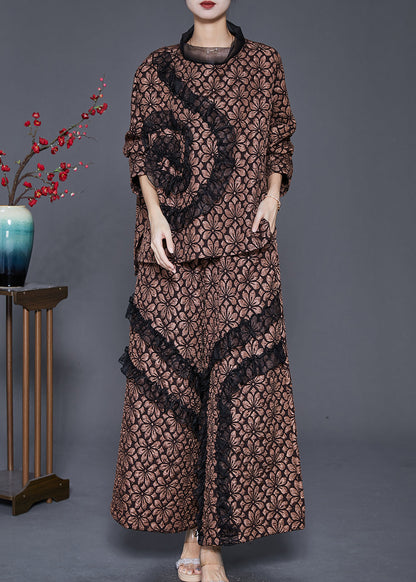 Coffee Jacquard Warm Fleece Two Piece Set Clothing Ruffled Winter