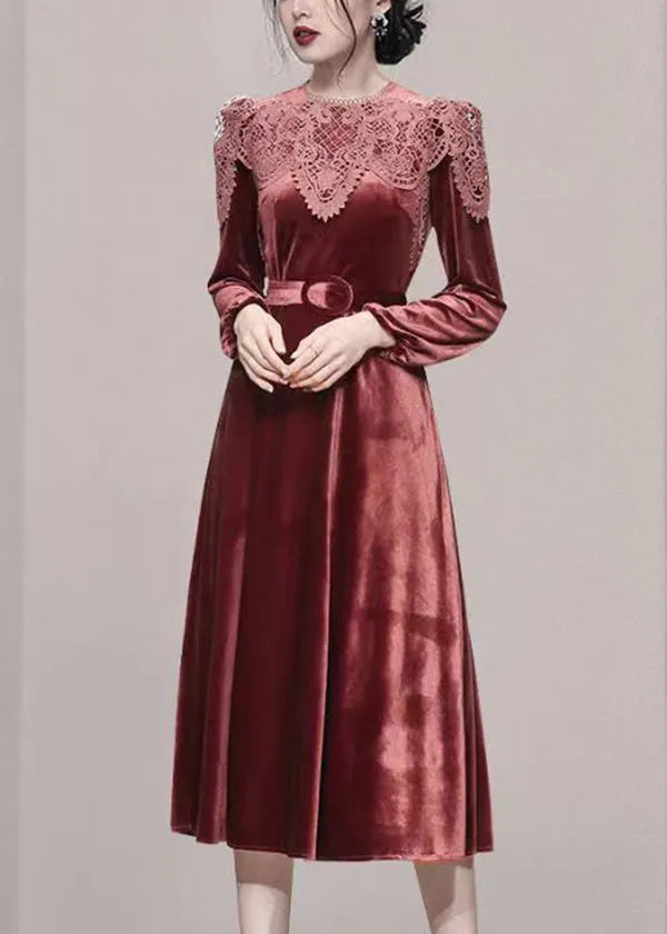 Brick Red Lace Tunic Patchwork Velour Long Dresses Fall