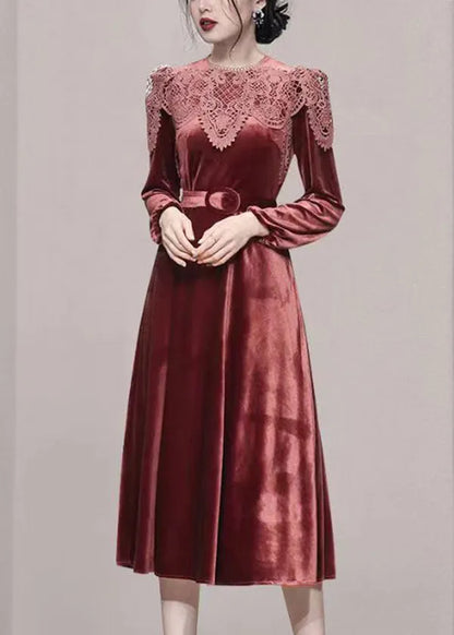 Brick Red Lace Tunic Patchwork Velour Long Dresses Fall