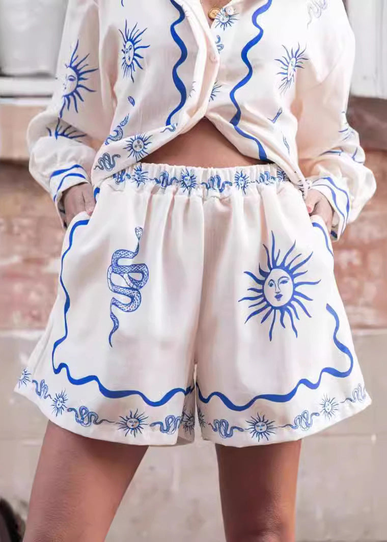 White Peter Pan Collar Print Elastic Waist Linen Two Pieces Set Spring