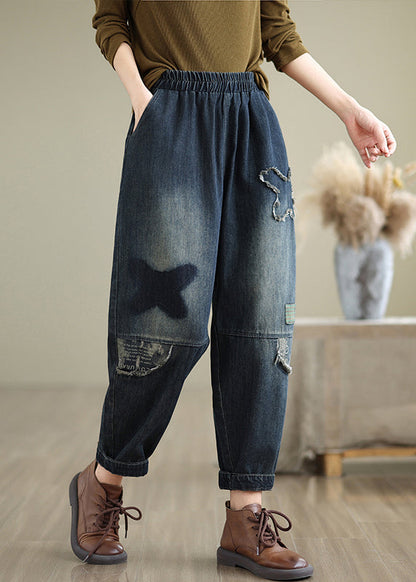 Navy Pockets Elastic Waist Denim Pants Fall
