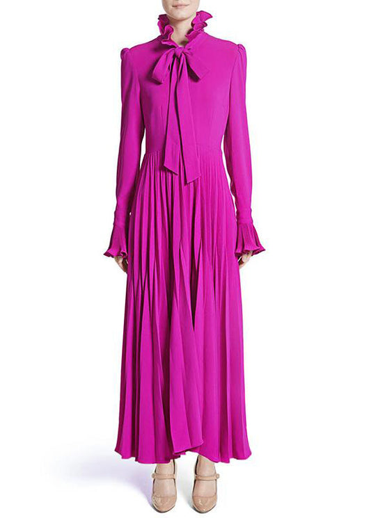Italian Purple Ruffled Lace Up Wrinkled Silk Dress Spring