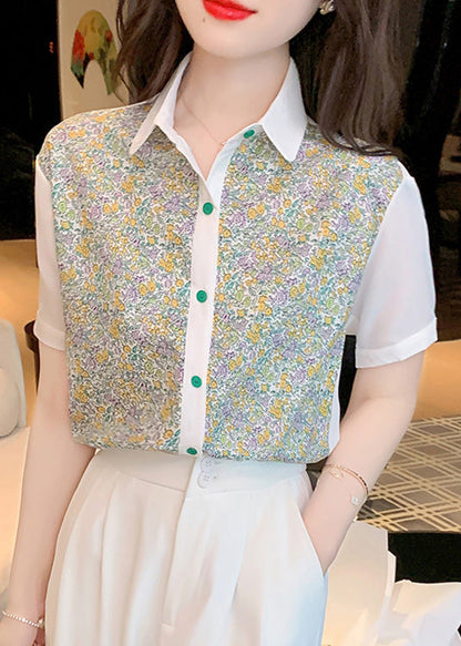 Peter Pan Collar Print Button Chiffon Shirt Short Sleeve