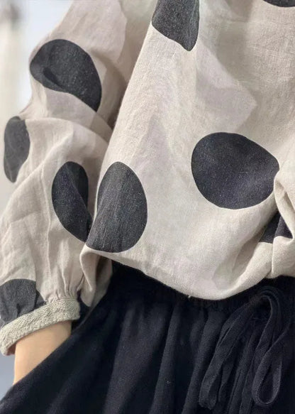 Beige Oversized Dot Print Linen Shirts Fall