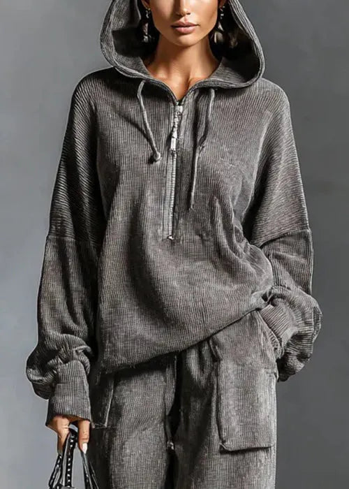Grey Hooded Zippered Elastic Waist Two Pieces Set Spring