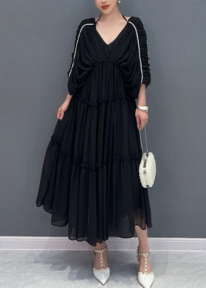 Rose Ruffled Wrinkled Chiffon Long Dresses Half Sleeve