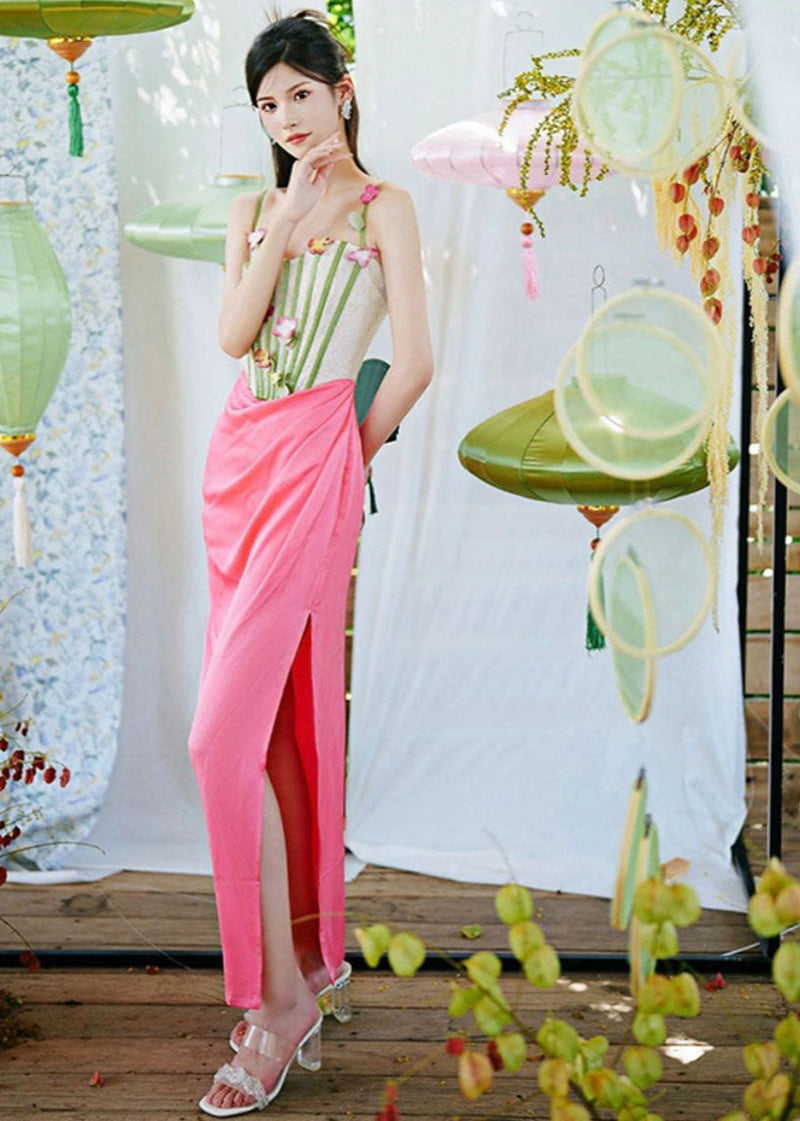 French Pink Patchwork Wrinkled Side Open Slip Dress Sleeveless