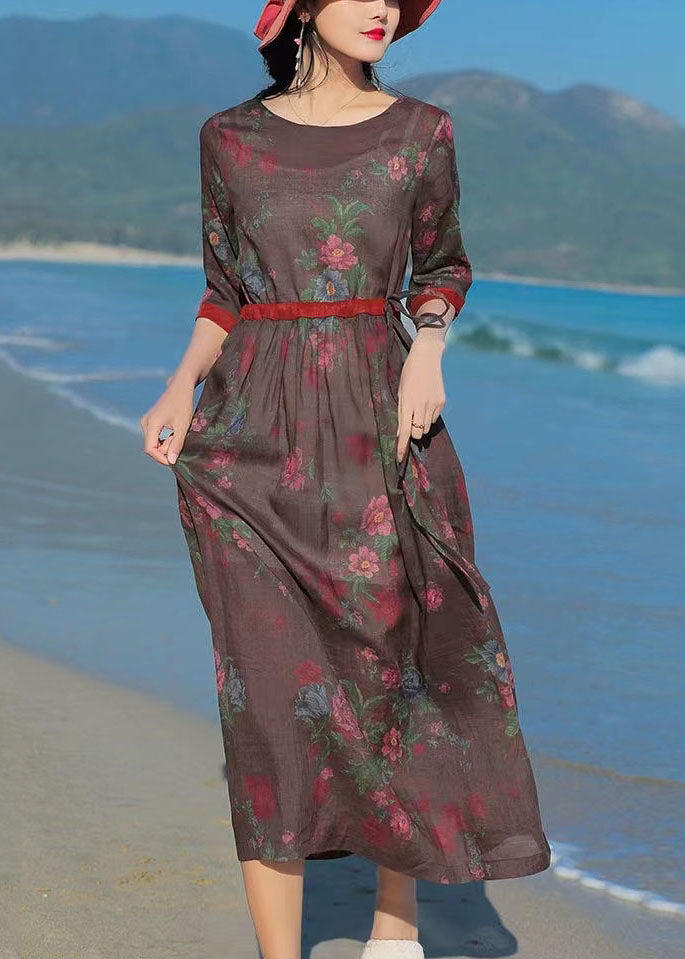 Fitted Chocolate O-neck Tie Waist Patchwork Print Linen Dress Half Sleeve