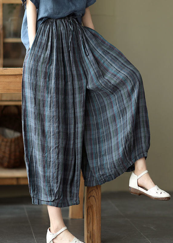 Blue Elastic Waist Plaid Cotton Pants Spring