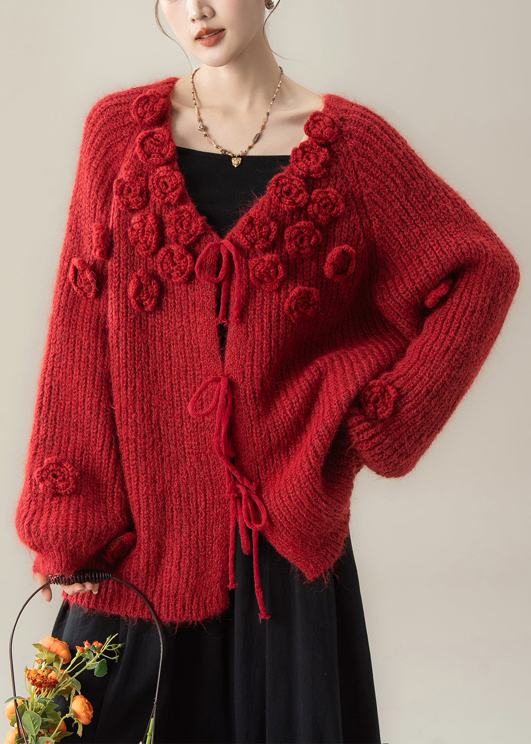 Red Lace Up Knit Loose Cardigan V Neck Spring