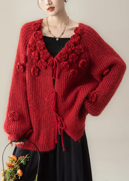 Red Lace Up Knit Loose Cardigan V Neck Spring