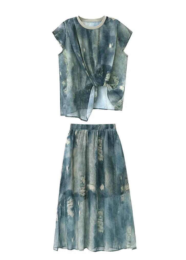 Blue O Neck Ripped Denim Print Two Pieces Set Summer