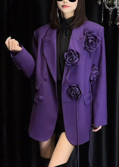 Purple Peter Pan Collar Button Spandex Coats Spring