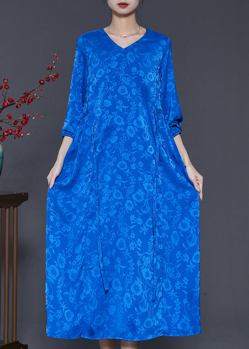 Blue Tie Waist Print Silk Dress Spring