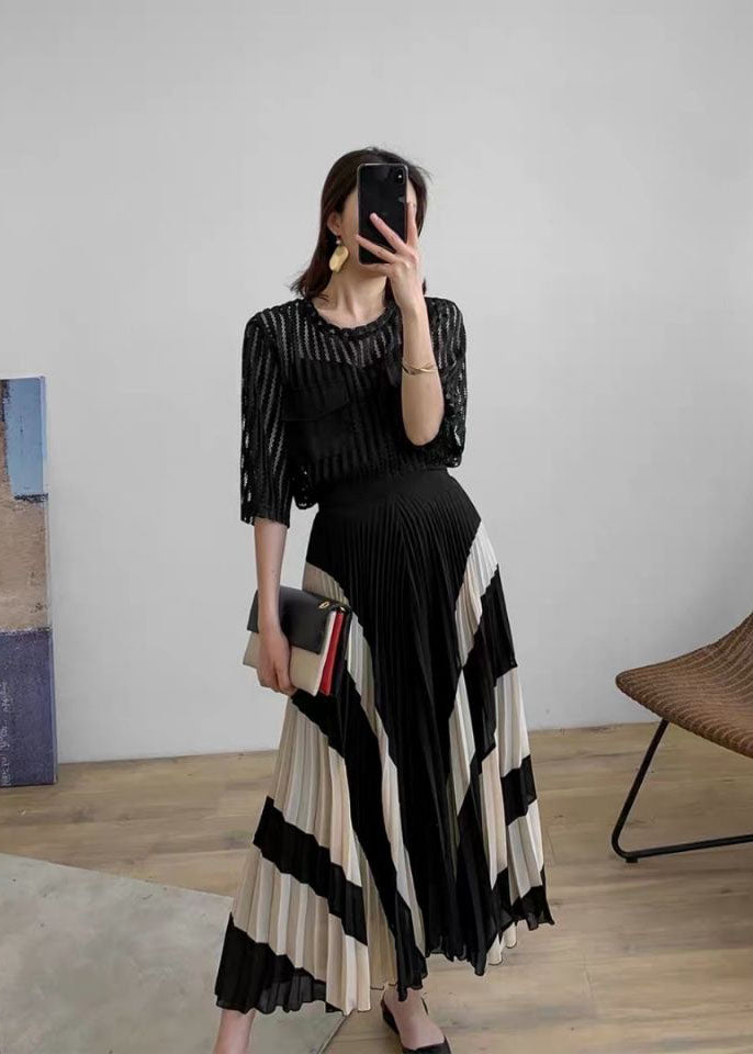 Black Wrinkled Patchwork Chiffon Skirts Spring