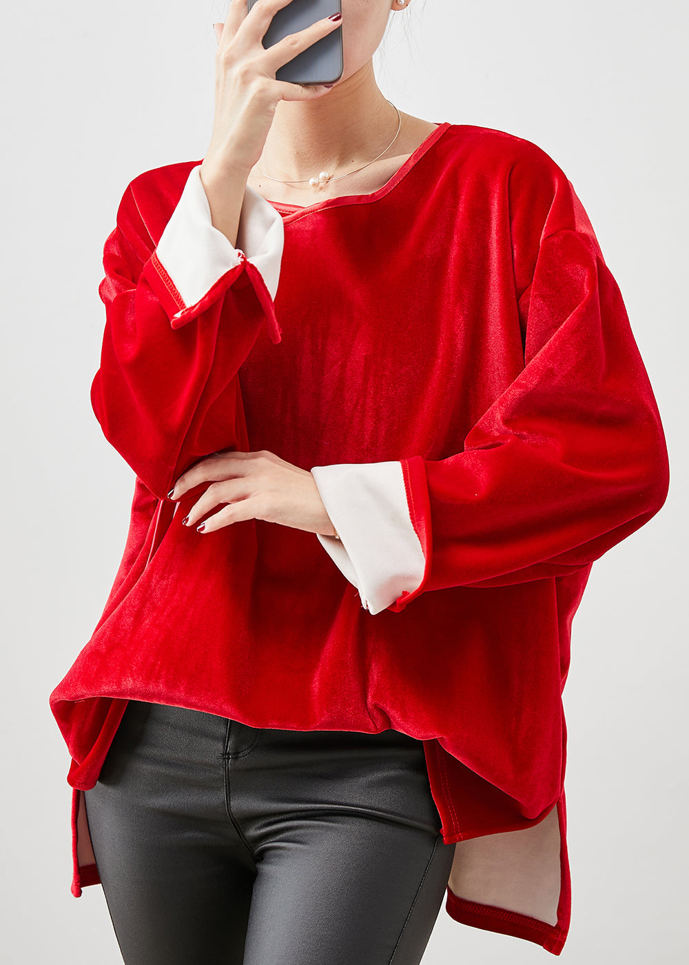Red Oversized Bow Silk Velour Shirt Tops Spring