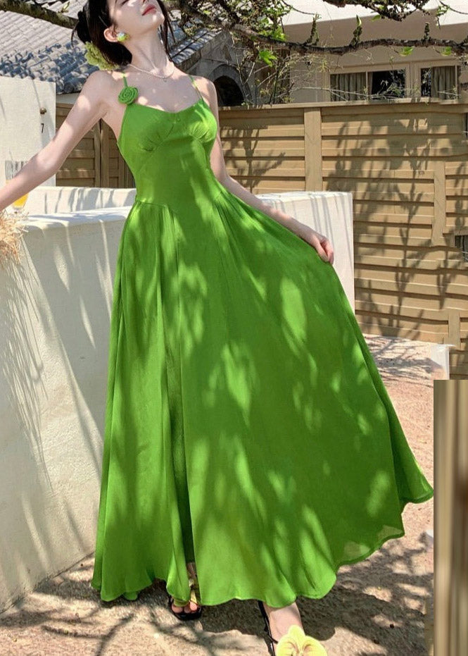 French Green Hollow Out Patchwork Flattering Maxi Spaghetti Strap Dresses Sleeveless