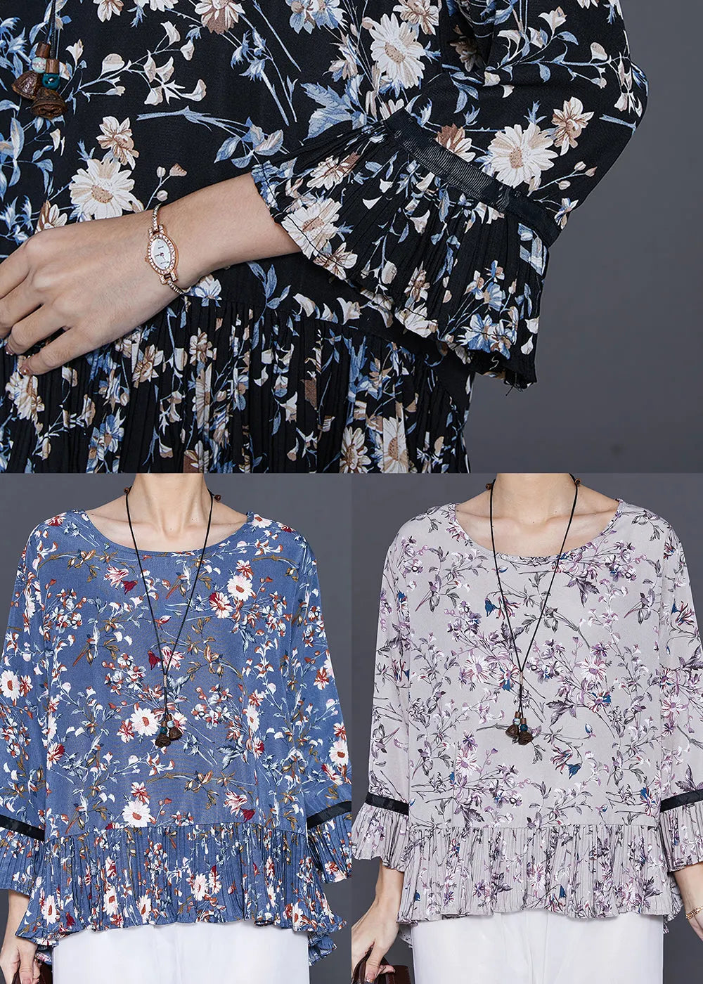 Black Oversized Print Chiffon Blouses Summer