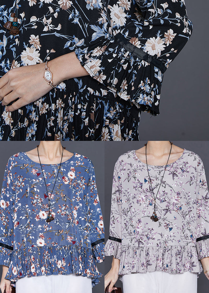 Blue O-neck Print Chiffon Blouse Top Summer