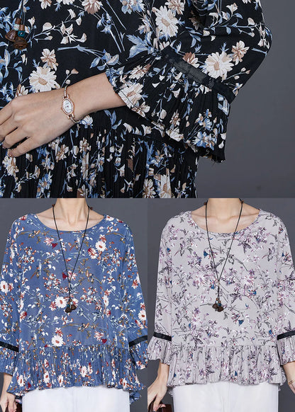Grey Print Chiffon Shirts O-neck Ruffles Flare Sleeve