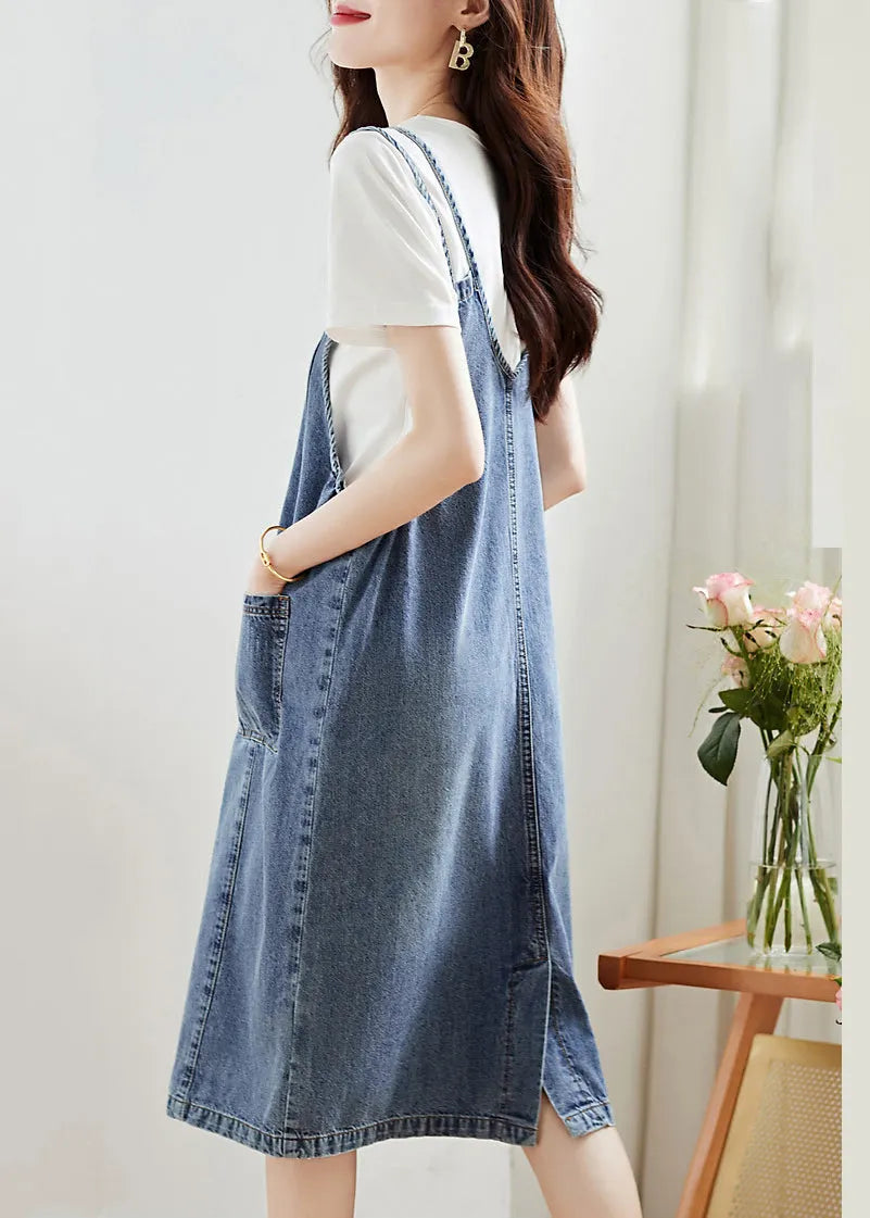 Modern Blue Pockets High Waist Patchwork Denim Two Piece Set Summer