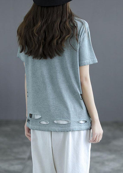 Blue O-neck Patchwork Print Summer Cotton Tees Short Sleeve