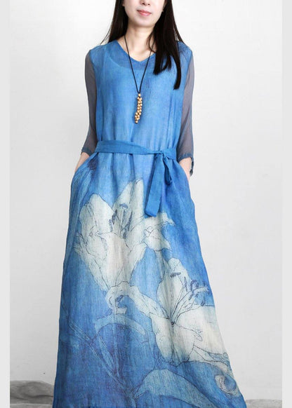 Purple Print Linen Tunic Maxi Dresses