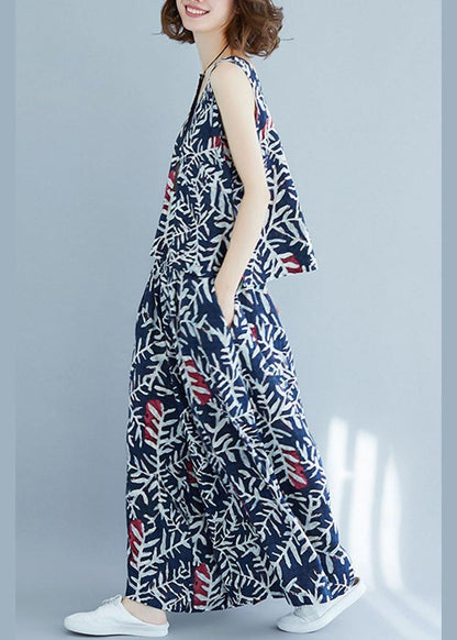 Blue Print Sleeveless Two-piece Set Summer Cotton Linen