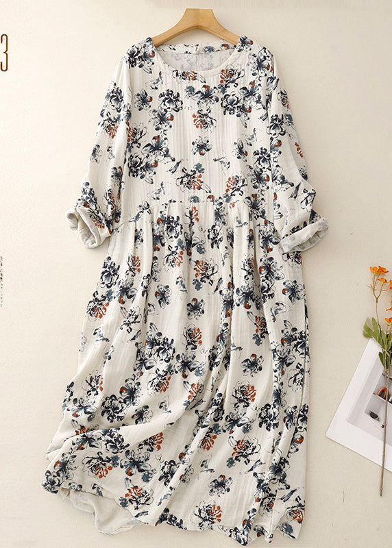 White Oversized Print Linen Maxi Dresses Spring