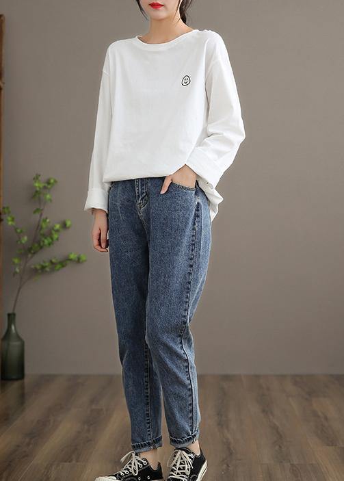 O Neck Linen Spring Blouse Fabrics White Smiling Face Blouse