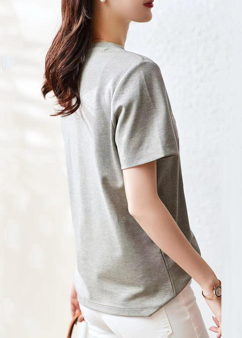 Grey O Neck Embroideried Patchwork Cotton T Shirt Summer