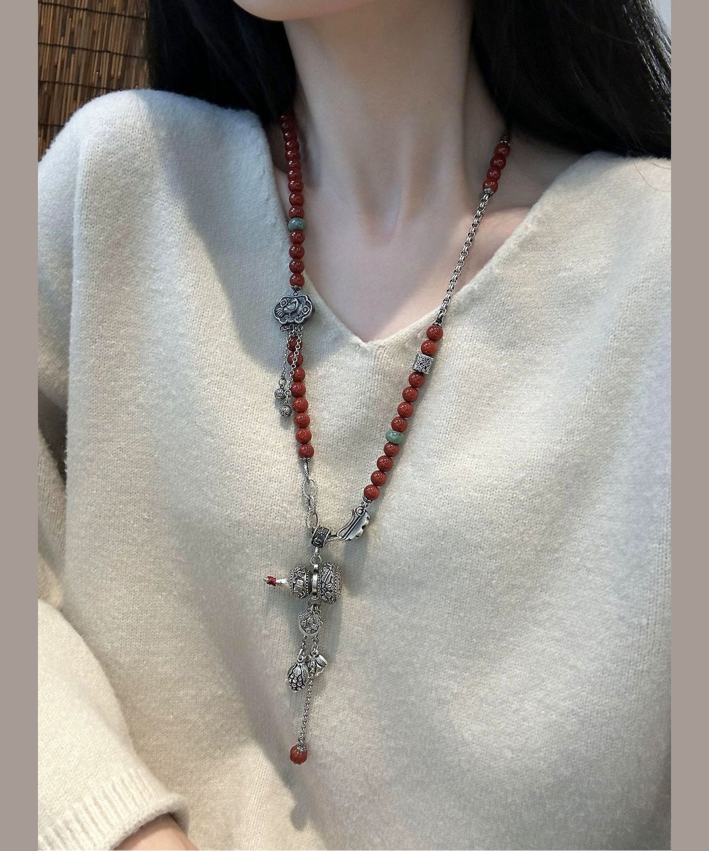 Colorblock Sterling Silver Gourd Ball Ruyi Lock Pendant Necklace