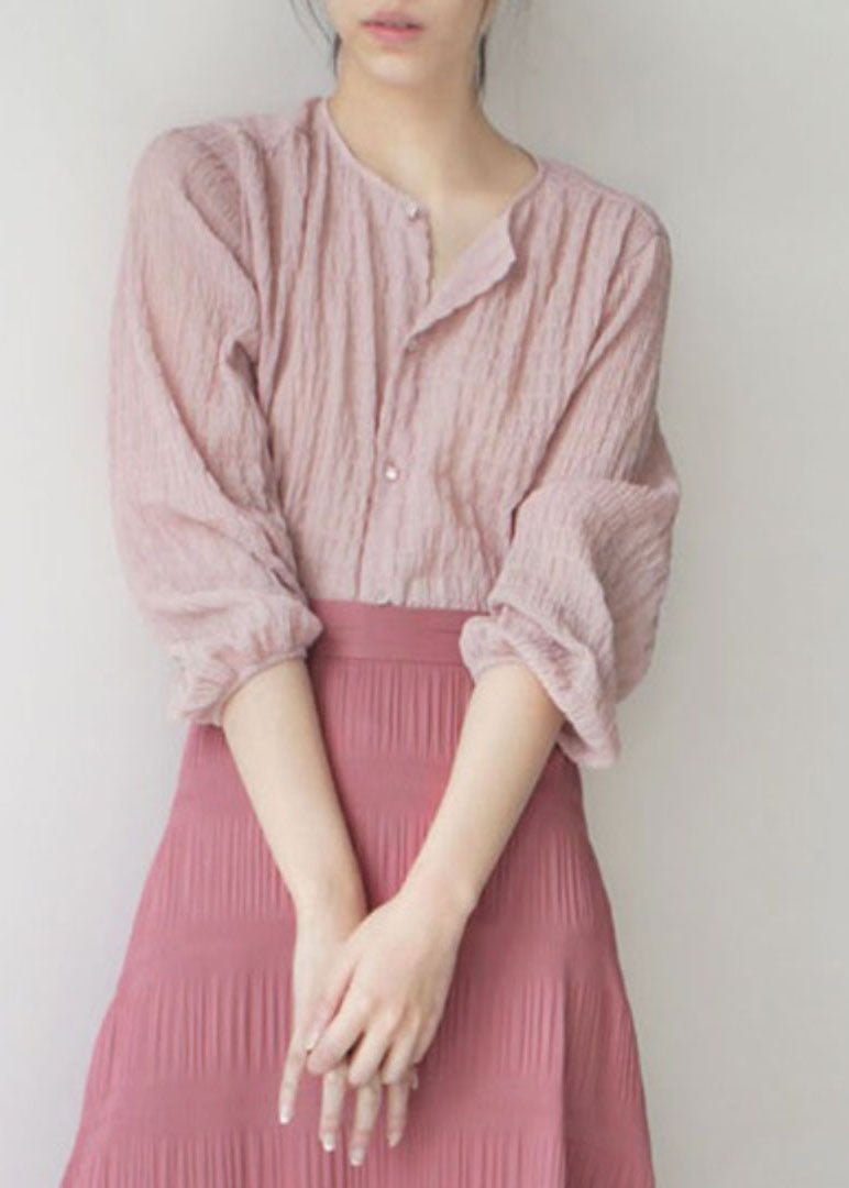Art Pink O-neck Wrinkled Shirt Spring