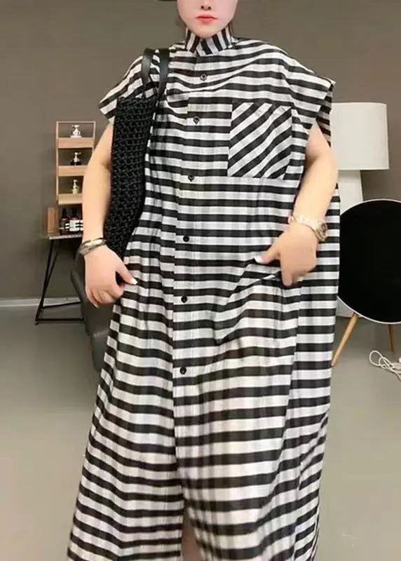 Black Striped Stand Collar Button Maxi Dress Short Sleeve