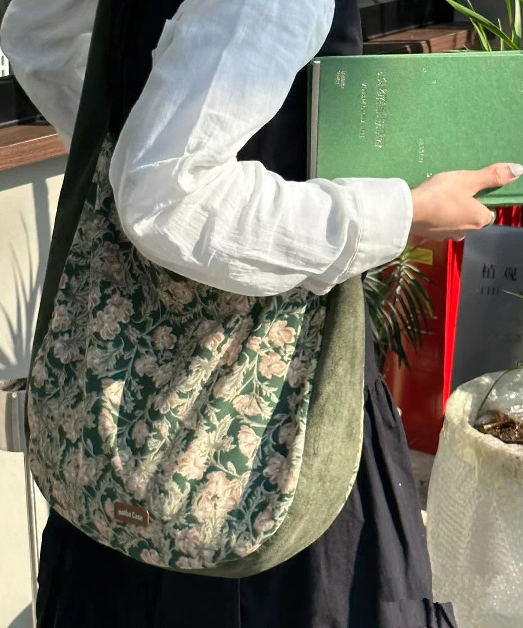 Green Print Patchwork Velour Satchel Handbag