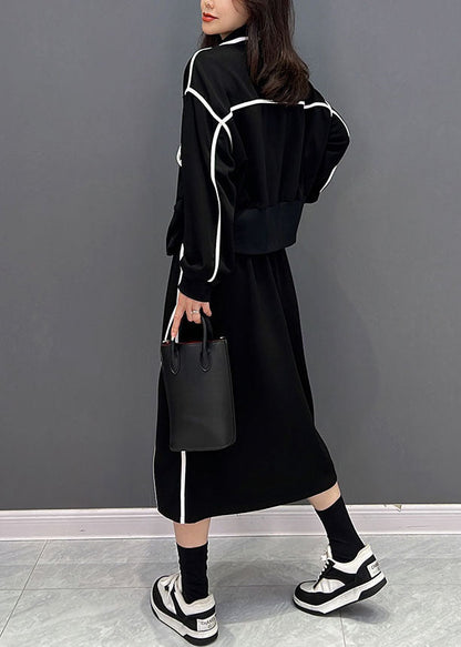 Classy Black Zip Up Side Open Cotton Two-piece Set Fall