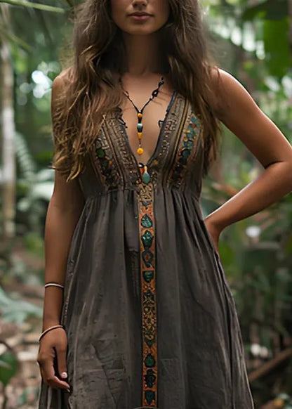 V Neck Print Wrinkled Cotton Spaghetti Strap Dress Summer
