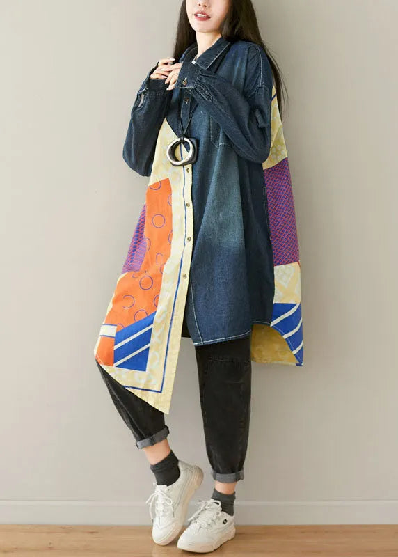 Style Blue Asymmetrical Pockets Patchwork Cotton Denim Coats Spring
