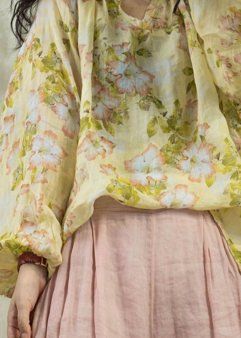 Yellow O Neck Print Linen Shirt Tops Lantern Sleeve