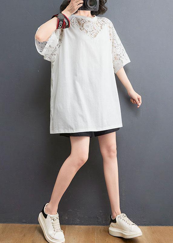 White Patchwork Lace O-neck Cotton Tee Summer