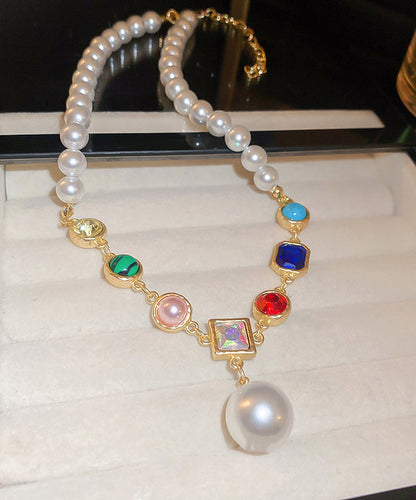 Rainbow Alloy Crystal Pearl Graduated Bead Necklace
