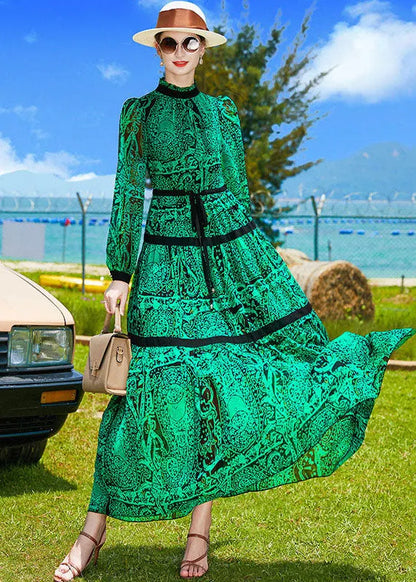 Green Stand Collar Patchwork Print Chiffon Cinch Dresses Spring