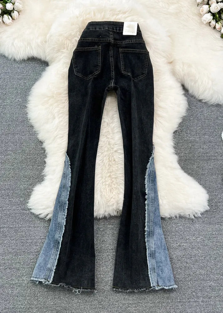 Slim Fit Black High Waist Patchwork Sparkling Jeans Spring
