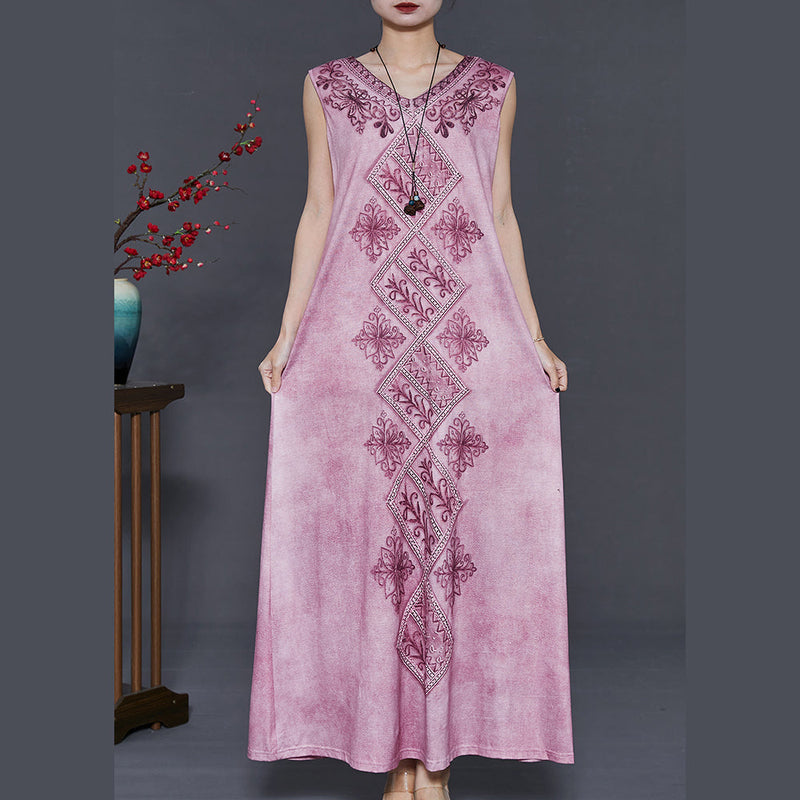 Purple Embroidered Tie Dye Cotton Dress Sleeveless