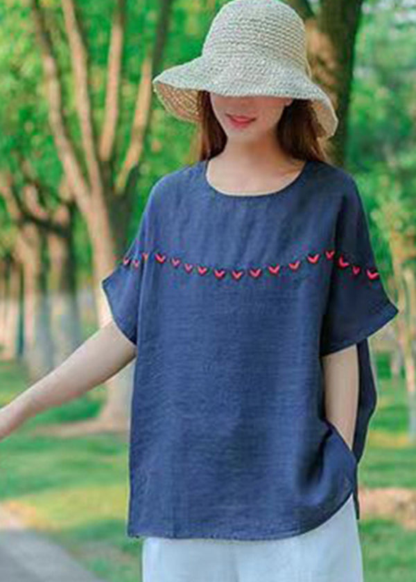 Navy O-neck Embroideried Cotton Tank Tops Short Sleeve